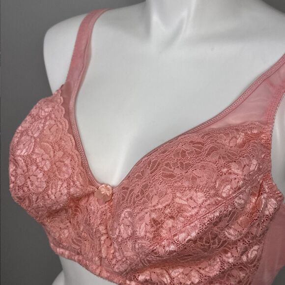Vintage Delicates Size 48D Bra Unlined Sling Style Wire Free Melon Pink Lace - Picture 3 of 8